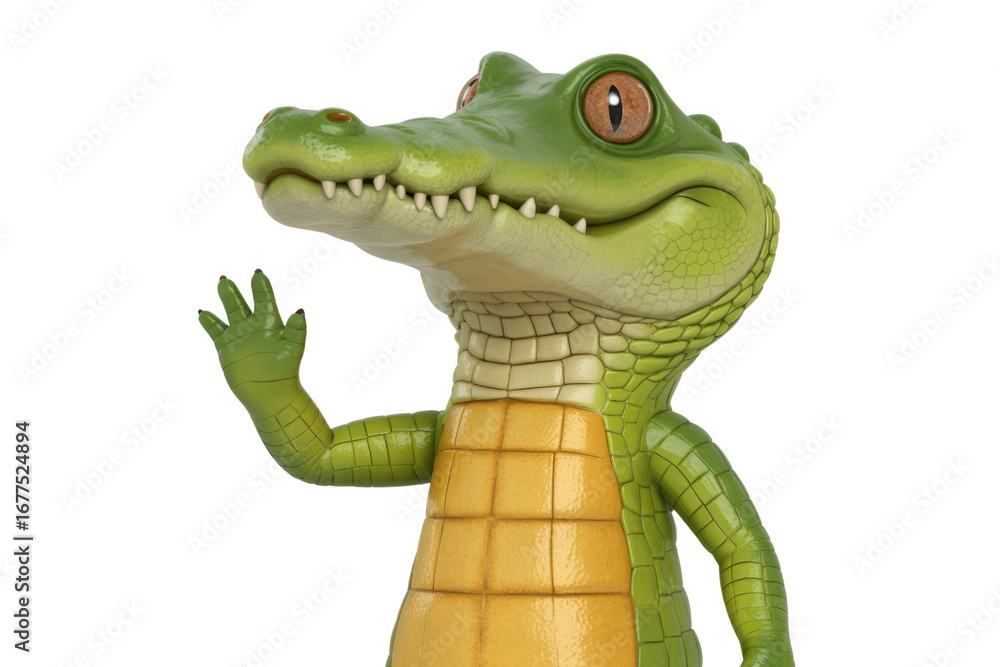 Fototapeta premium Friendly cartoon crocodile waving hello with a transparent background. background removed