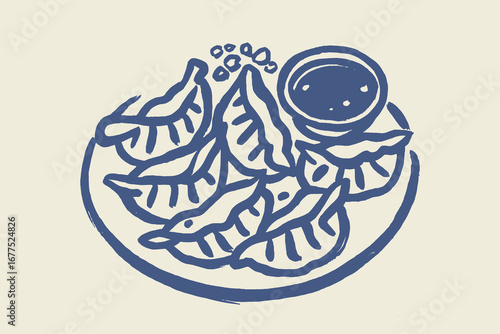 Dumplings with sauce plate sketch outline vector illustration