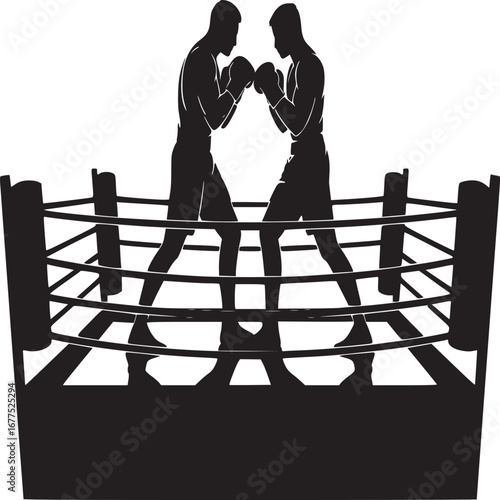 Silhouette of two boxers facing each other in a boxing ring against a white background illustration