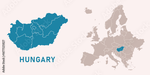 Map of Hungary with administrative divisions and highlighted position on Europe map. Isolated on white background. Vector illustration.