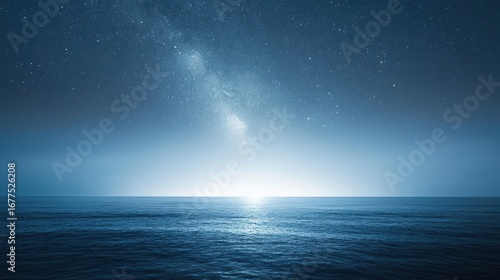 A serene night view of the ocean under a starry sky, with gentle waves reflecting the moonlight, creating a tranquil and captivating atmosphere.