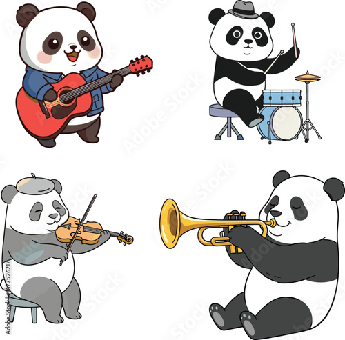 Adorable panda playing guitar, drums, violin, trumpet, cute animal musician, cartoon music characters, musical instruments, fun entertainment, happy, flat vector illustration