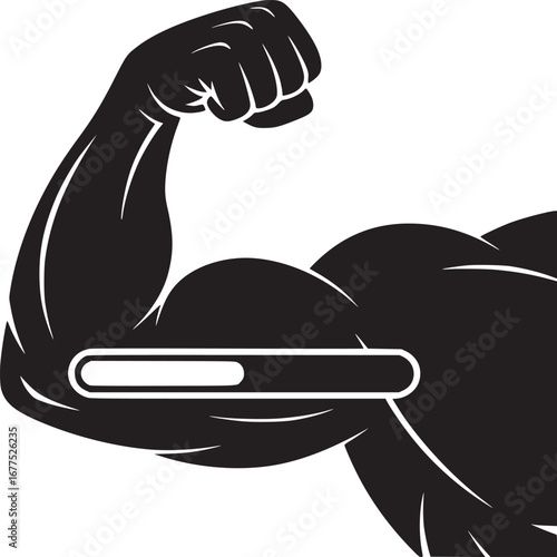A muscular arm flexing with a loading bar across the bicep in black and white illustration art