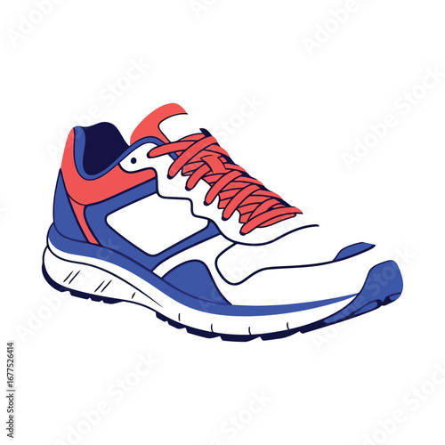 Colorful illustration of a pair of running shoes, featuring a white base, blue accents, and coral laces.