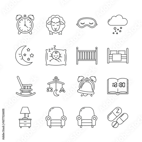 A collection of line art icons representing various aspects of sleep, bedtime, and baby care, including clocks, beds, cribs, and comfort items.