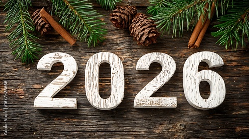 2026 New Year composition. Wooden numbers, festive decoration, winter holidays concept. For marketing, web, design.