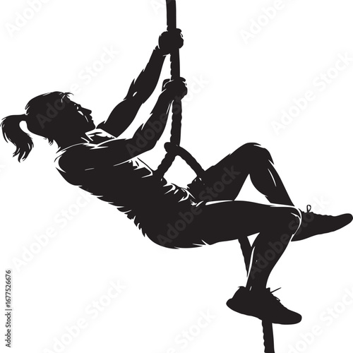Silhouette of a woman climbing a rope with determination and strength against a white background