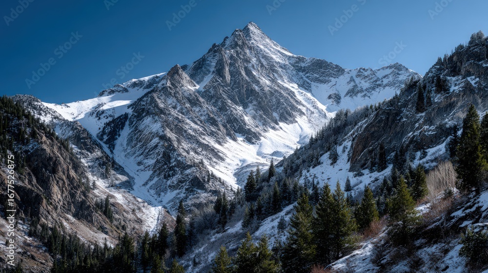 Majestic snow-capped mountain peak dominates a winter landscape, showcasing a rugged mountain range with coniferous forests nestled in the valley.