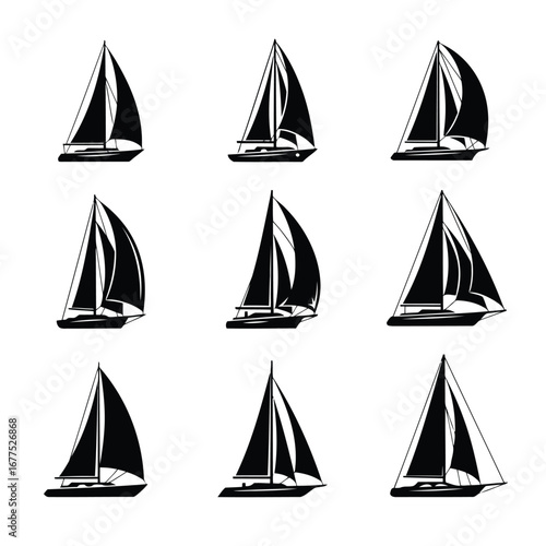 Collection of black and white sailing yacht silhouettes.