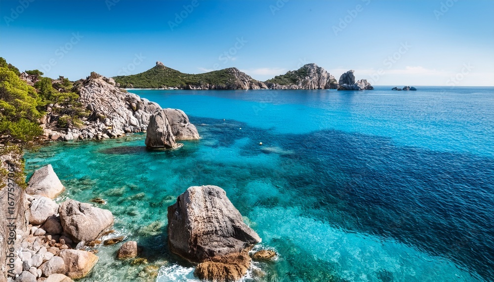Fototapeta premium majestic rocky shoreline overlooking serene turquoise waters of the coast