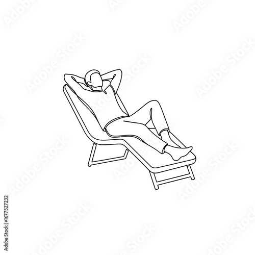 Man relaxing in a lounge chair, line art illustration.