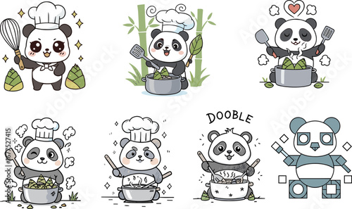 Cute panda chefs cooking food, dumplings, and rice with kitchen utensils, cartoon animal characters in action – flat vector illustration
