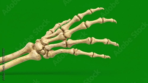 A realistic skeleton hand on a green screen background for Halloween, horror, or medical anatomy compositing projects.