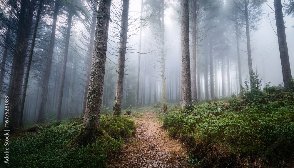 Naklejka premium mysterious forest shrouded in fog