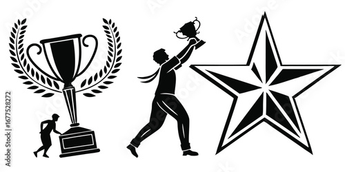Reaching for Success Businessman achieves victory symbolized by a trophy star and laurel wreath