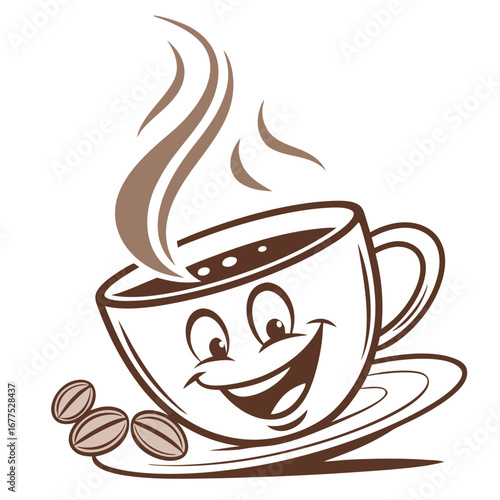 Happy coffee cup cartoon with coffee beans on a saucer