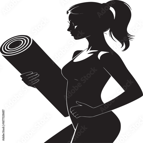 Silhouette of woman holding rolled yoga mat wearing workout clothes against white background art style