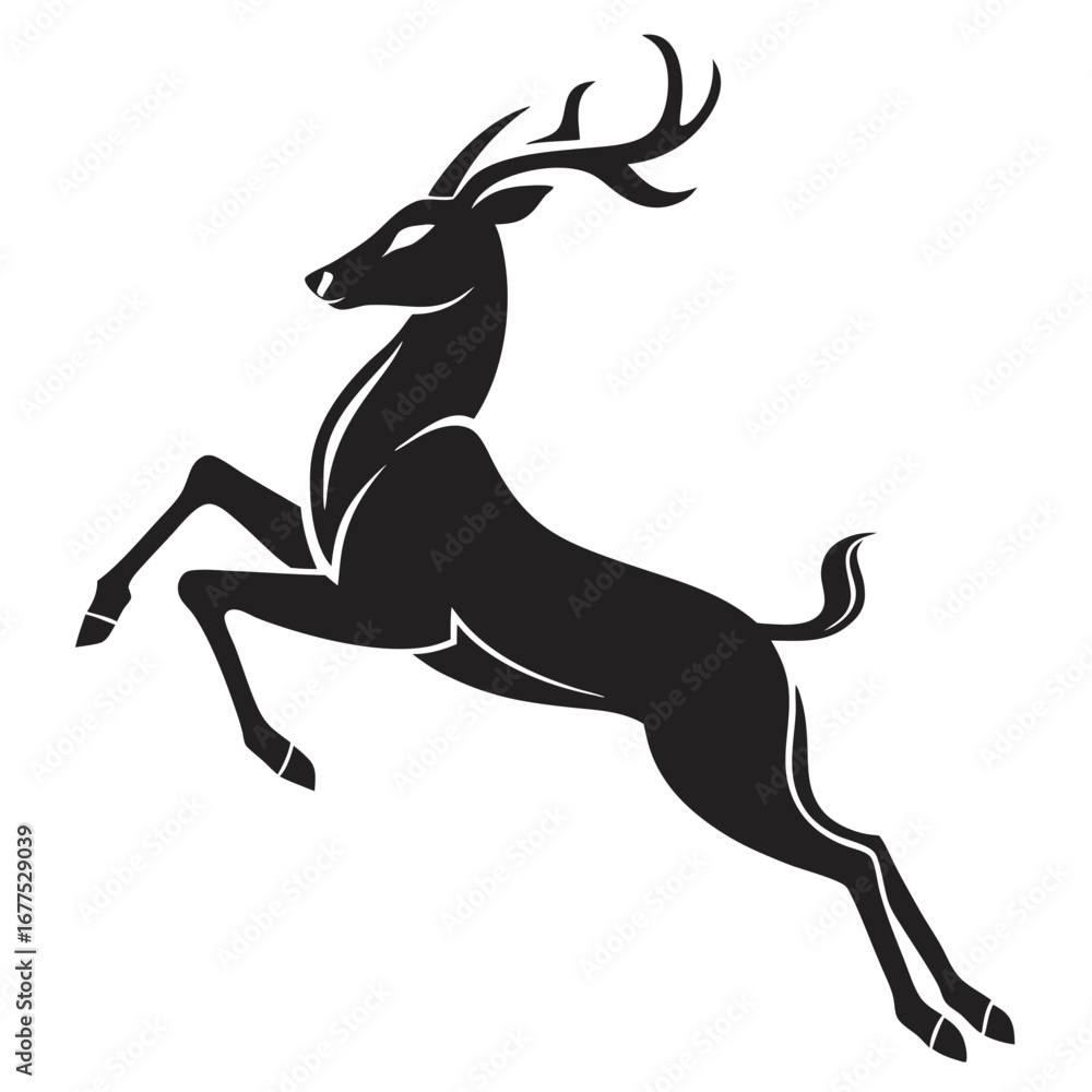 Fototapeta premium Leaping Deer Silhouette Vector with Prominent Antlers and Dynamic Pose for Wildlife Logo, Emblem or Decorative Design Use