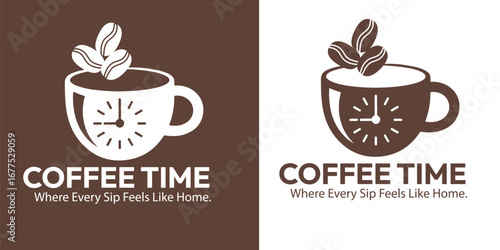  A warm and inviting coffee logo with a clock face inside a cup and coffee beans on top.
