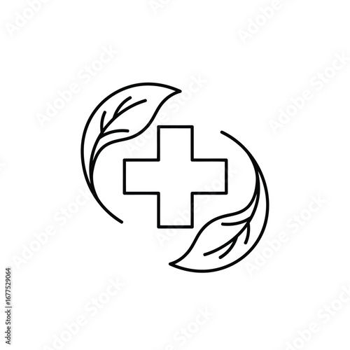 A minimalist logo featuring a medical cross symbol encircled by two stylized leaves, representing holistic health.