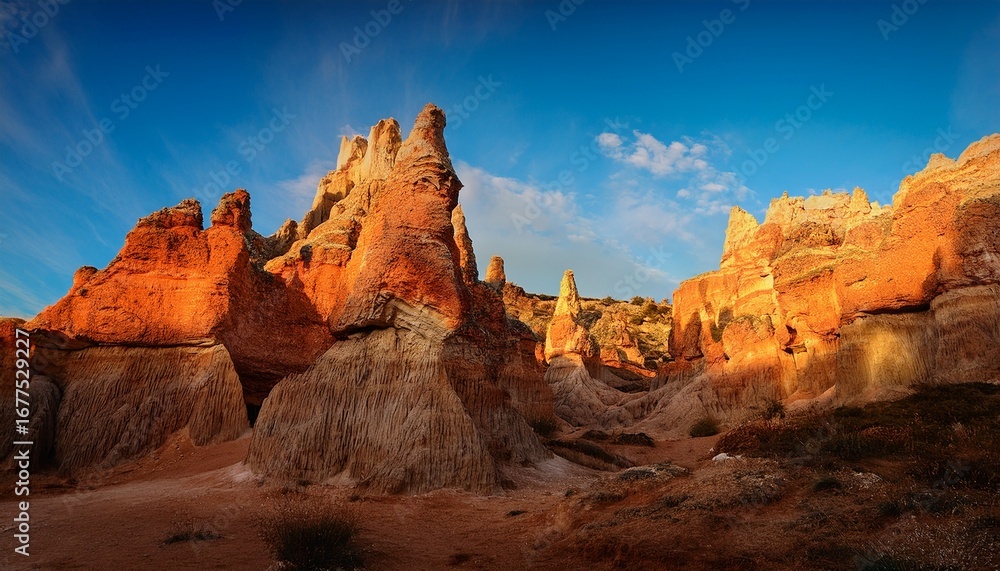 Fototapeta premium intricate cave formations rise dramatically from the ground bathed in warm reds and yellows that highlight their textures