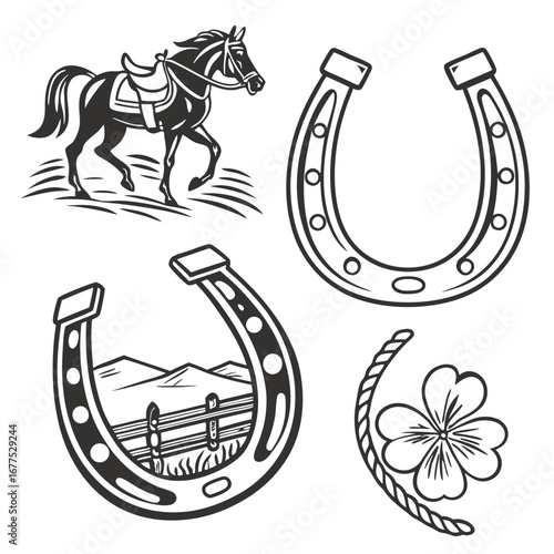 Western Cowboy Vector Set with Horse, Horseshoes, Rope Loop, Desert Scene and Lucky Clover in Bold Black Silhouette Style