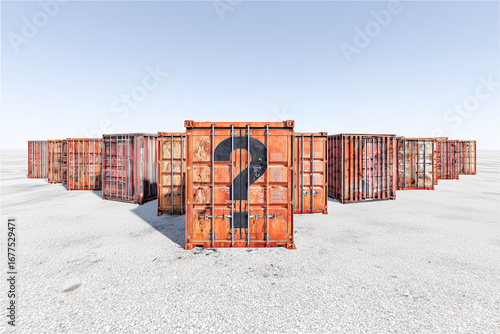 A question mark painted on shipping container - tariff  concept - tariffs global commerce controversy; trade war and policy uncertainty for import and export confusion  - Zoom in, political containers