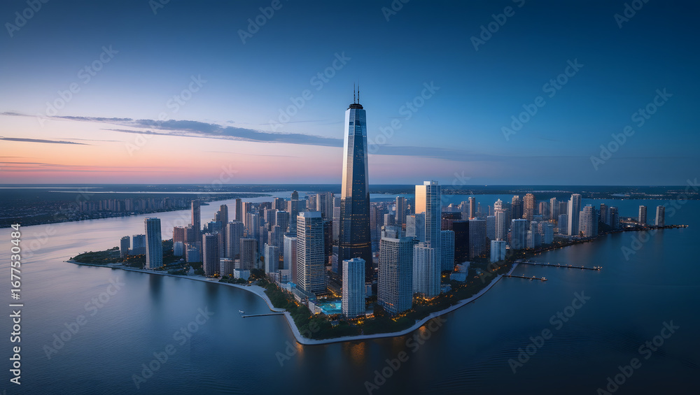 Naklejka premium Sunset and sunrise over the sea with a pier and city skyline