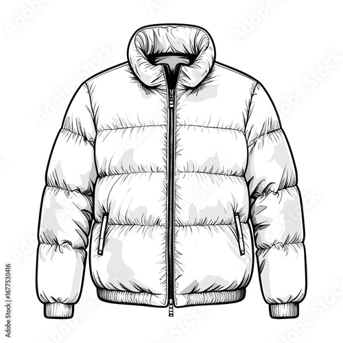 Vector illustration of a puffy jacket with a high collar in a stylish line art design