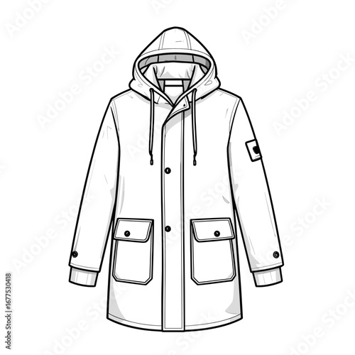 Vector illustration of a casual parka jacket with a hood and pockets in a stylish line art design