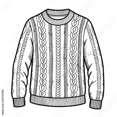 Vector illustration of a textured knitted sweater with cable patterns in a detailed line art style