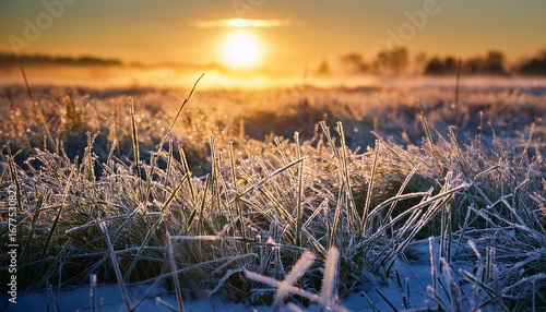 manifestation of winter arrival with its crystalline blades of frozen grass serene break of dawn and unwavering fortitude it bestows upon earth