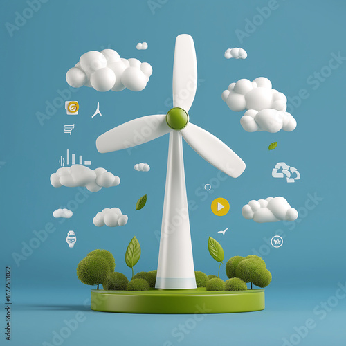 animated green energy concept with cartoon-style windmill turbine generating electricity, bright sunny sky and eco icons promoting renewable energy awareness and clean future