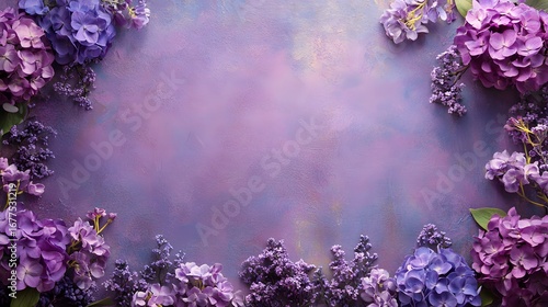 A frame of vibrant purple hydrangeas and delicate sprigs accents a textured, shaded purple background, creating a captivating floral arrangement.