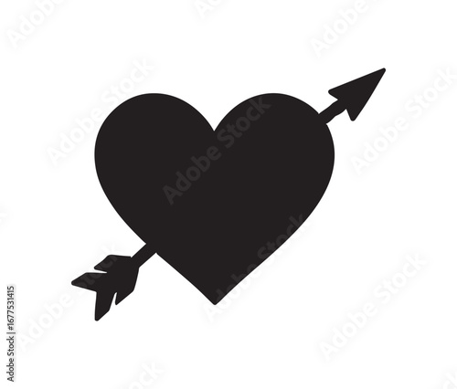 Simple black heart pierced by cupid's arrow graphic symbol of love and romance