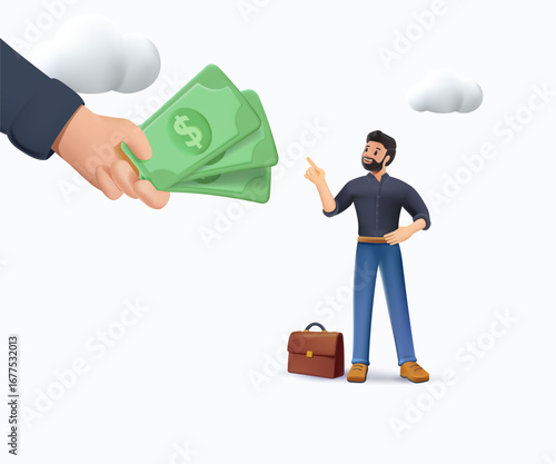 Getting paid, salary, wages payment or bonus, 3D render vector illustration, tax refund or investment profit earning