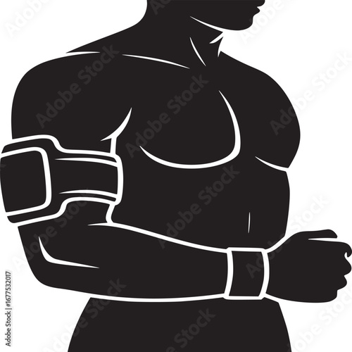 A black and white silhouette of a muscular man with an armband and wristband on a white background