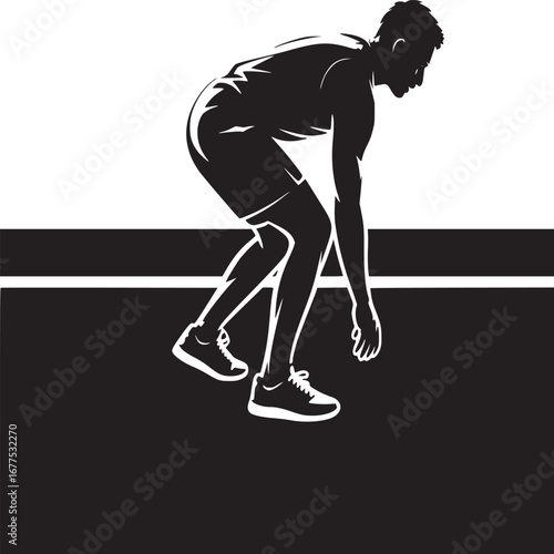 Silhouette of a runner in starting position on a black and white track ready to sprint forward fast