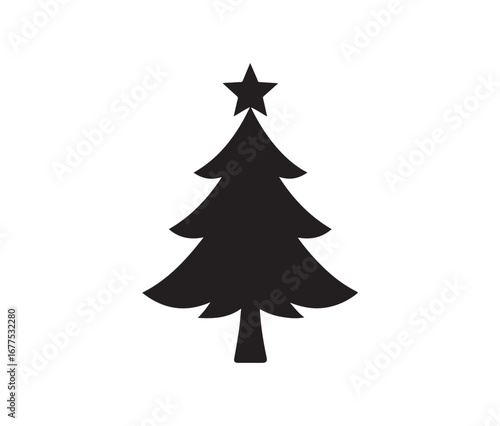 Simple silhouette of a classic christmas tree with a star topper for holiday decorations