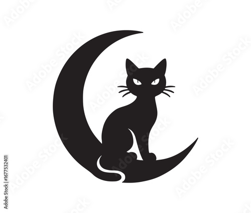 Mysterious black cat silhouetted on a crescent moon under a starry night sky