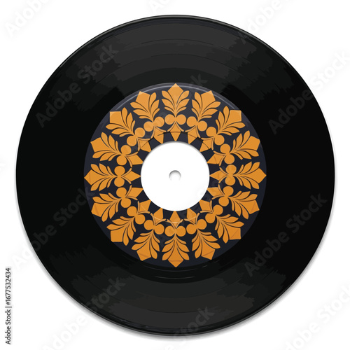 Vinyl record with an ornate gold pattern on the label, isolated on white.