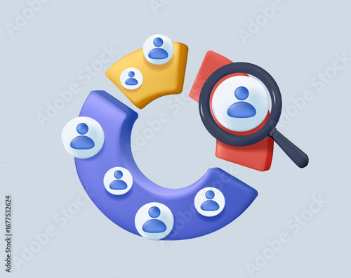 Customer segment analysis for marketing or advertising, target audience, consumer or user group, demographic data or profile to target concept. Analyzing customer segment pie chart. 3D render vector