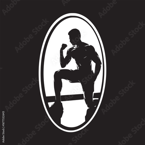 Silhouette of muscular man kneeling in oval frame against black background showcasing fitness and strength