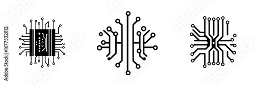 Minimalist black and white vector illustration of circuit board designs representing modern technology concepts
