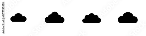 Minimalist black-and-white vector illustration featuring simple cloud silhouettes in varying sizes