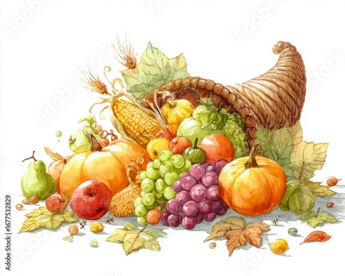 Watercolor cornucopia  with autumn harvest in classic 
