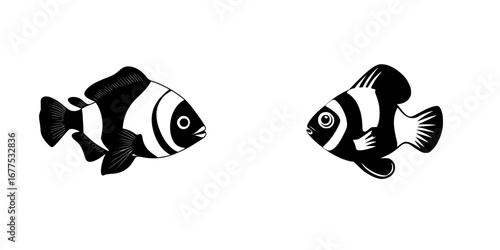 Minimalist black-and-white vector illustration of two clownfish swimming side by side in a serene underwater environment