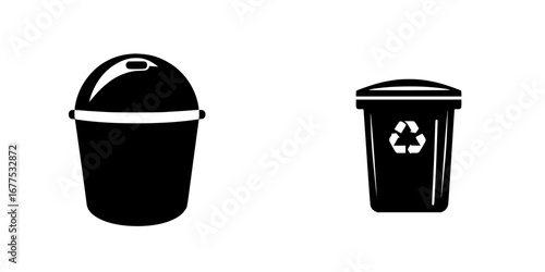 Simple black-and-white vector illustration depicting a trash can and a recycling bin for waste management concepts