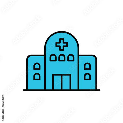 Stylized blue hospital building icon with a black outline and a medical cross symbol.