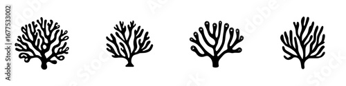 Black-and-white vector illustration of minimalist coral silhouettes depicting various marine life forms in a simple and elegant style